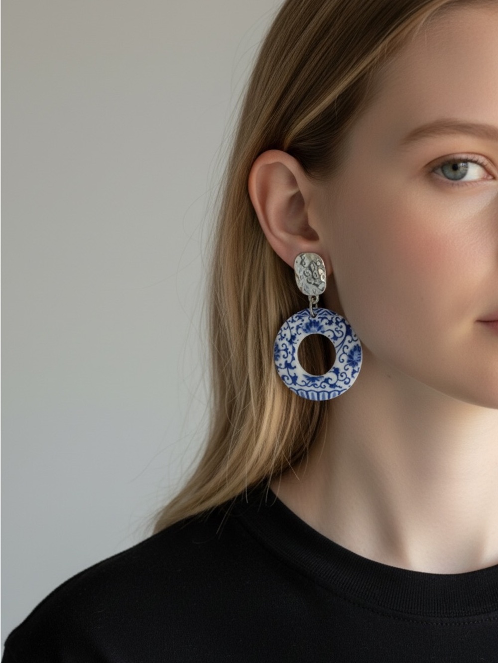 10/1 Blue and White Ceramic Hoop Drop Earrings